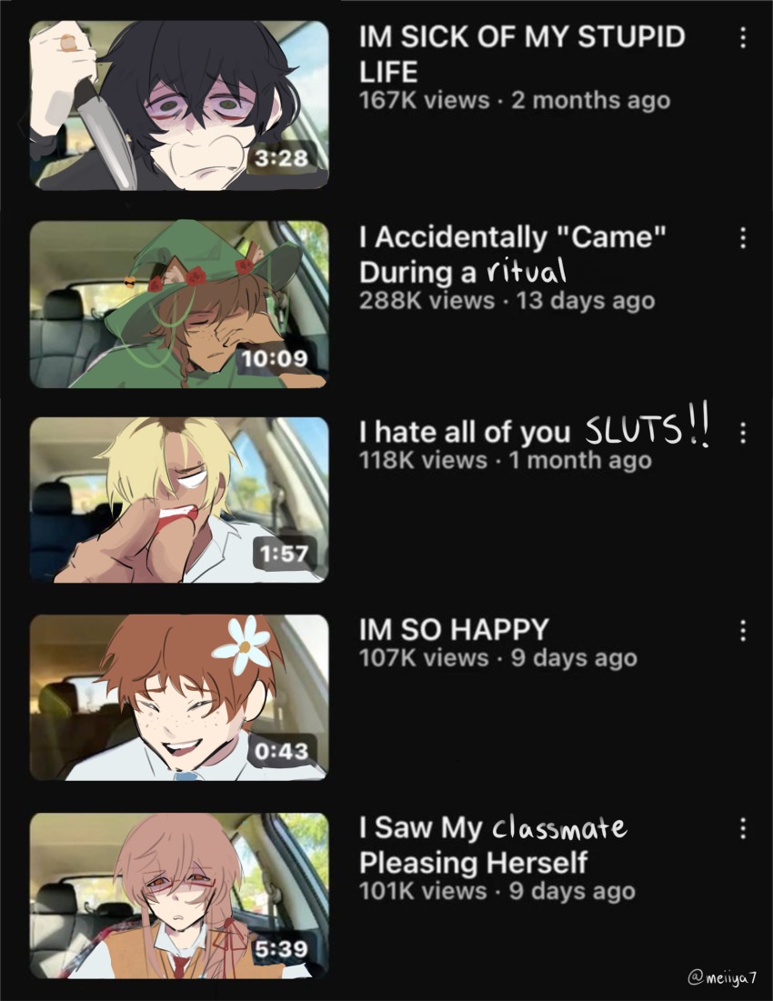 animal_ears, black_hair, blonde_hair, blue_necktie, brown_hair, car_interior, collared_shirt, commentary