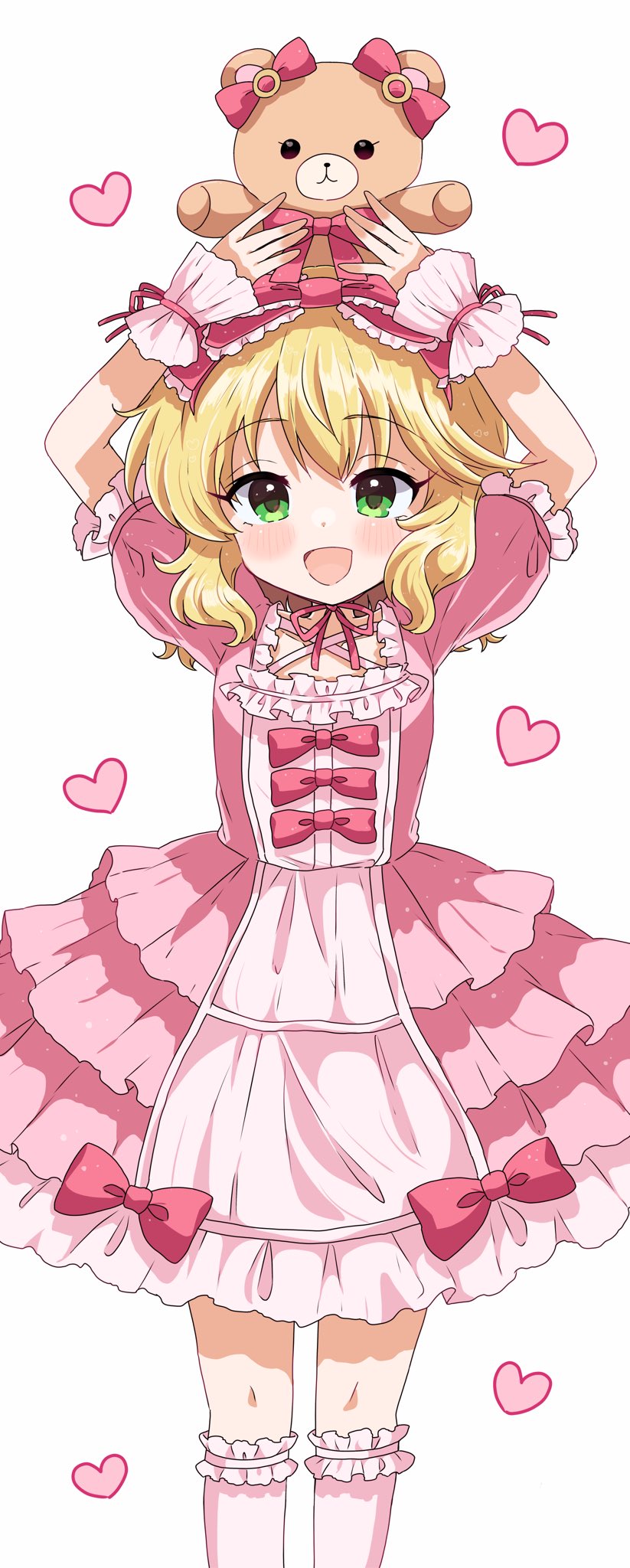 1girl, arms_up, blonde_hair, blush, bow, commentary, dot_nose, double-parted_bangs