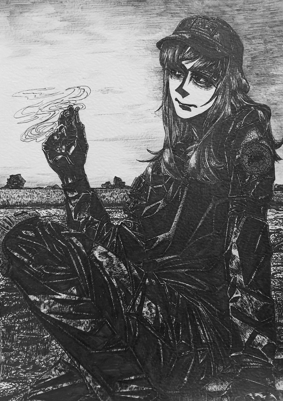 1girl, bordfunker133, camouflage, camouflage_pants, cigarette, greyscale, hat, highres