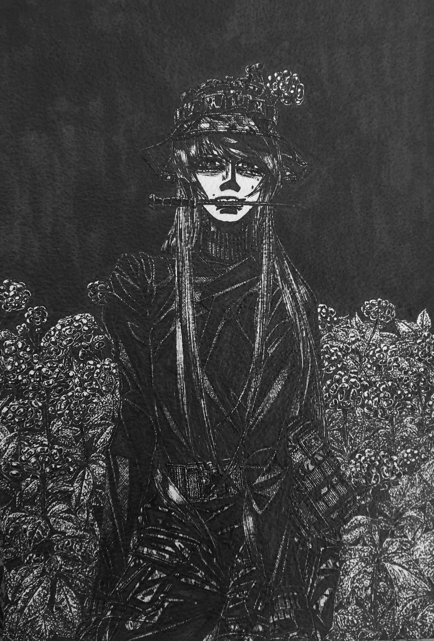 1girl, bags_under_eyes, belt, black_jacket, black_sweater, bonnet, bordfunker133, camouflage