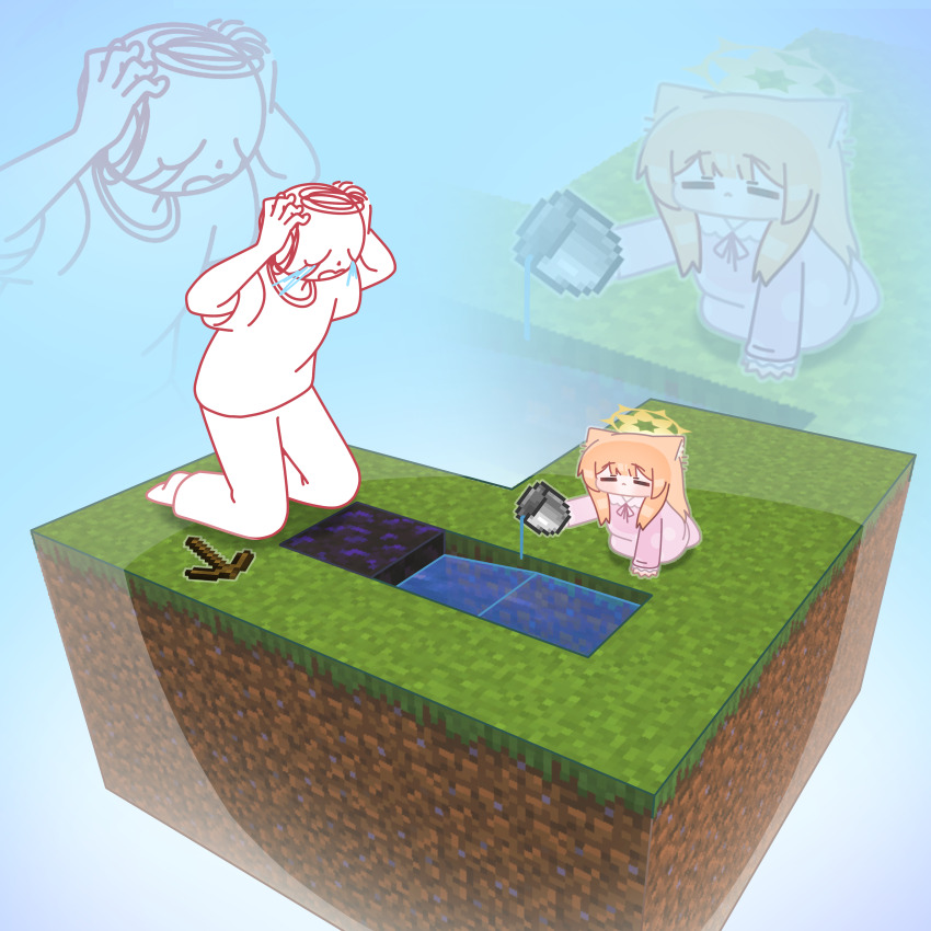 1boy, 1girl, absurdres, animal_ear_fluff, animal_ears, arms_up, blue_archive, blunt_bangs, chibi, closed_eyes, closed_mouth, cobblestone_generator, commentary_request, crying, doodle_sensei_(blue_archive), halo, hands_on_own_head, highres, holding, horuhara, kneeling, korean_commentary, long_hair, long_sleeves, mari_(blue_archive), minecraft, neck_ribbon, no_nose, orange_hair, pajamas, pants, pickaxe, pink_pajamas, pink_slippers, polka_dot, polka_dot_pajamas, ribbon, sensei_(blue_archive), shirt, short_sleeves, skyblock, slippers, streaming_tears, tears, water, yellow_halo, you're_doing_it_wrong, zoom_layer