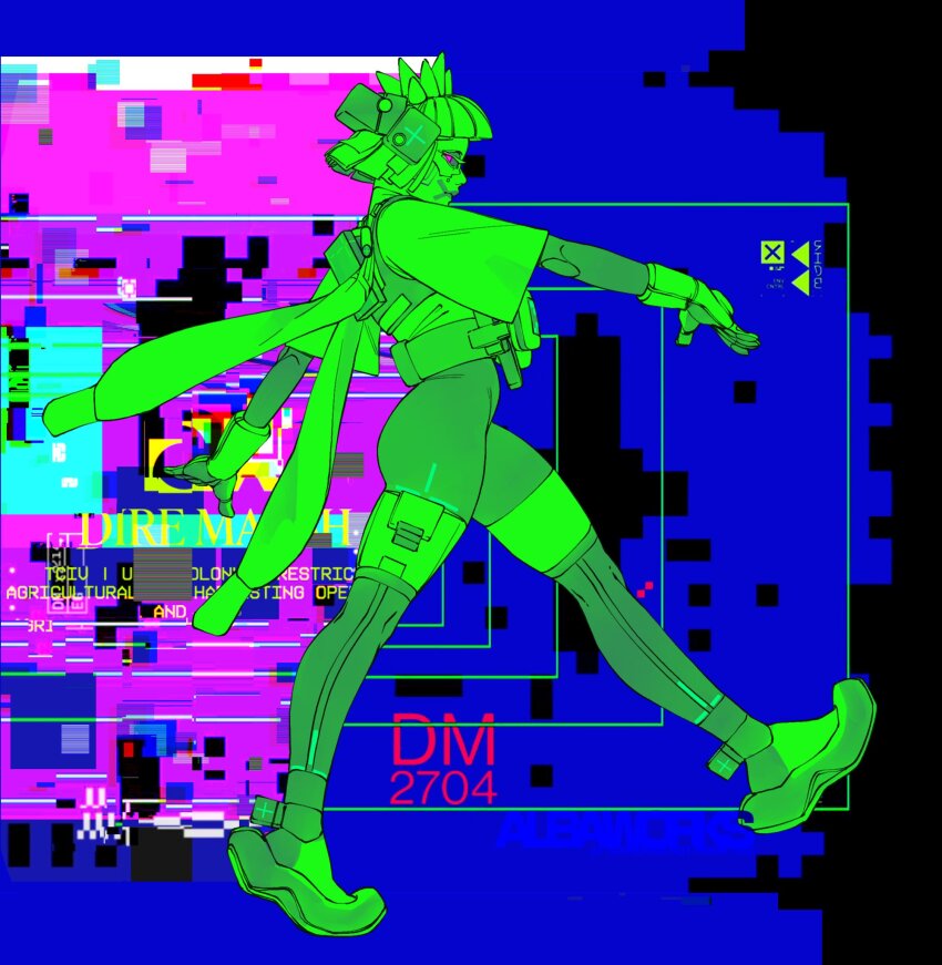 1girl, android, blue_background, english_text, eye_mask, from_side, full_body, glitch