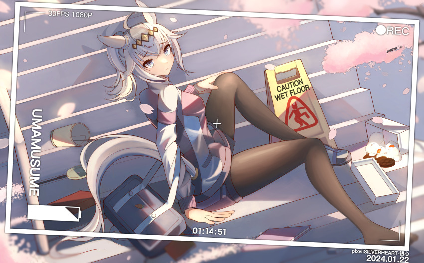 1girl, absurdres, ahoge, animal_ears, arm_support, bag, battery_indicator, black_pantyhose