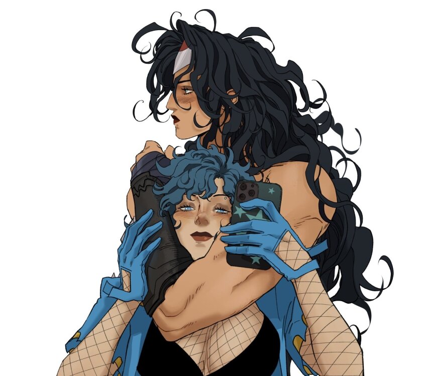 2girls, absolute_dc, absolute_wonder_woman, amazon_warrior, biceps, black_hair, blue_eyes, blue_gloves