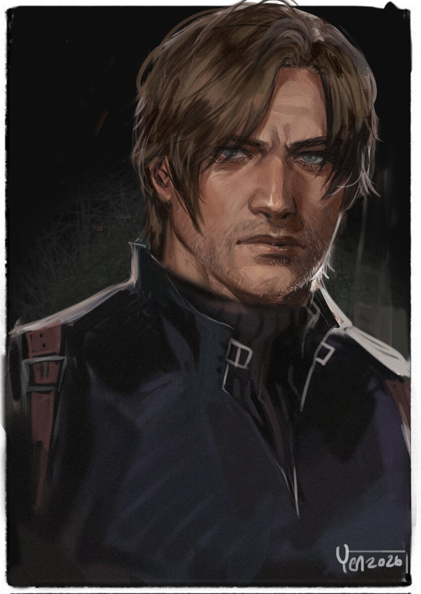 1boy, backlighting, beard_stubble, black_shirt, blonde_hair, blue_eyes, blue_shirt, chest_holster