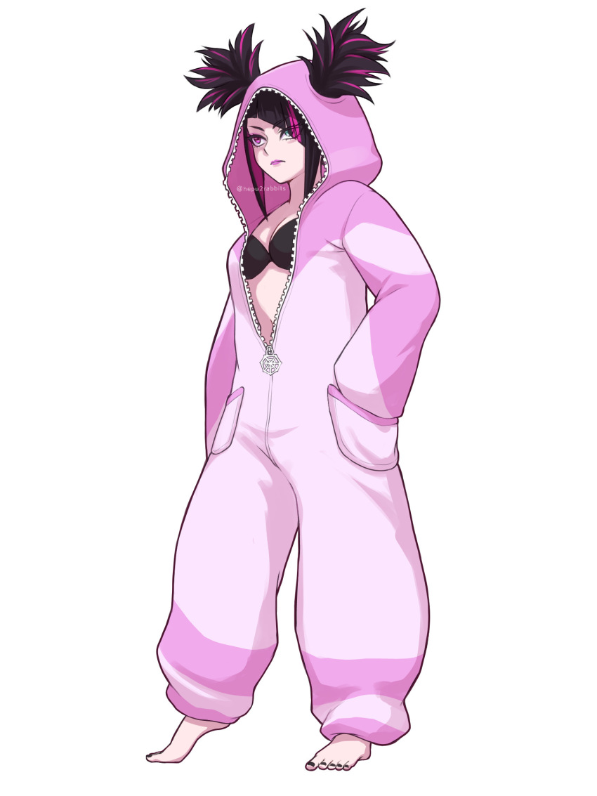 1girl, black_bra, black_hair, bra, breasts, eyes_visible_through_hair, feet, full_body