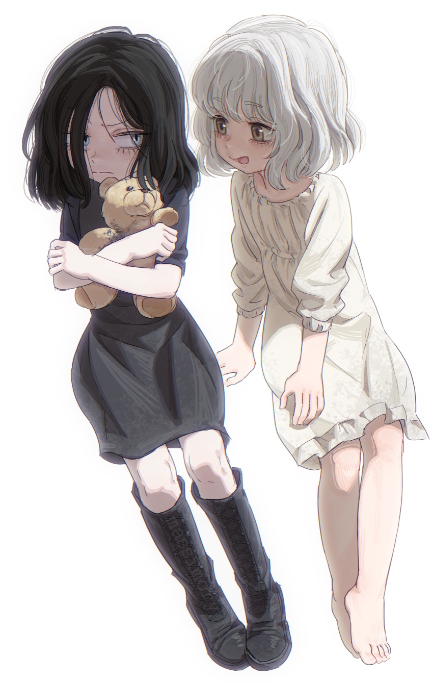 2girls, absurdres, barefoot, black_boots, black_dress, black_hair, boots, commentary, dress, emily_(resident_evil), eveline, highres, holding, holding_stuffed_toy, in-franchise_crossover, invisible_chair, massimo, multiple_girls, pale_skin, resident_evil, resident_evil_7:_biohazard, resident_evil_requiem, sitting, stuffed_animal, stuffed_toy, teddy_bear, white_dress, white_hair