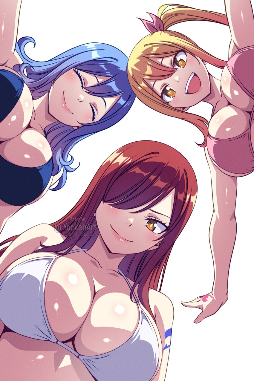 3girls, absurdres, bikini, blonde_hair, blue_bikini, blue_hair, breasts, closed_mouth