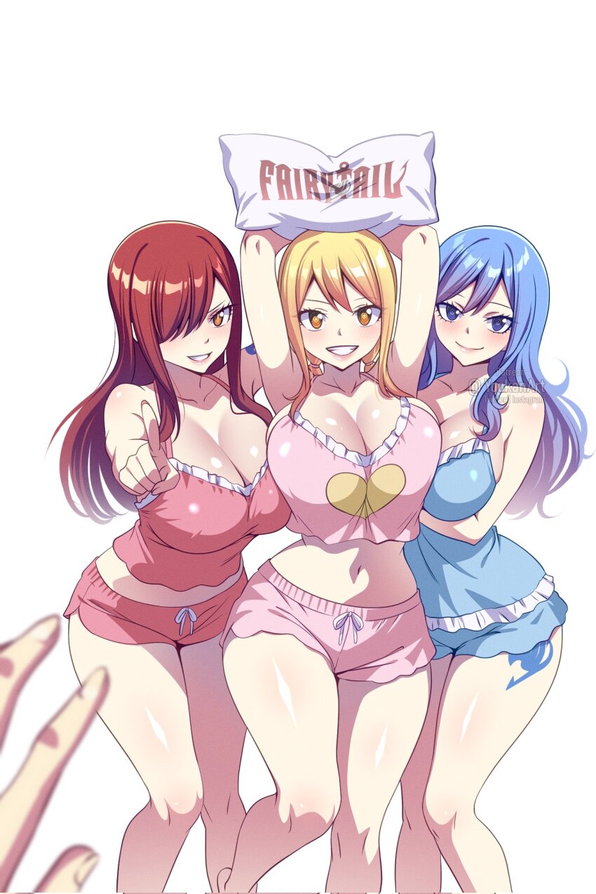 3girls, arms_up, bare_shoulders, blonde_hair, blue_eyes, blue_hair, blue_shorts, breasts, cleavage, closed_mouth, commentary, copyright_name, english_commentary, erza_scarlet, fairy_tail, feet_out_of_frame, grin, hair_over_one_eye, highres, holding, holding_pillow, juvia_lockser, large_breasts, long_hair, looking_at_viewer, lucy_heartfilia, midriff, multiple_girls, navel, pillow, pink_shorts, pointing, pointing_at_viewer, pov, red_eyes, shorts, simple_background, sleepwear, smile, watermark, white_background, yellow_eyes, yookanart