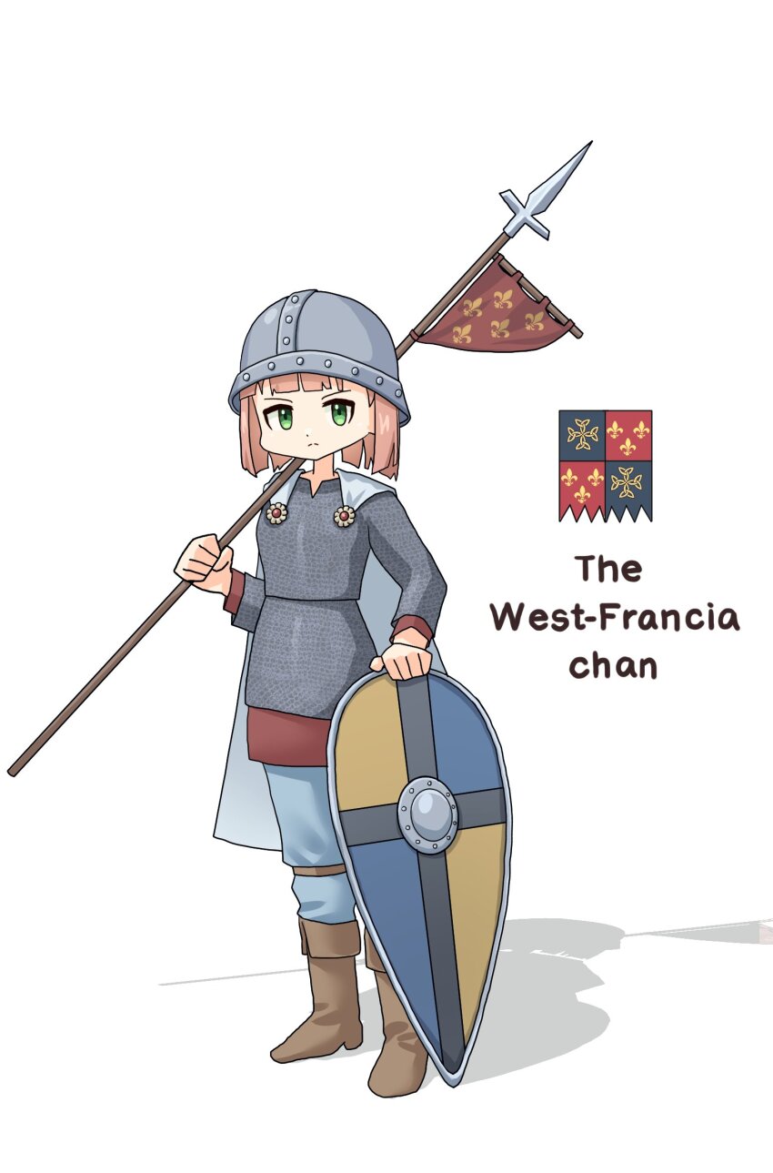 1girl, armor, banner, battle_standard, belt, boots, brooch, brown_boots