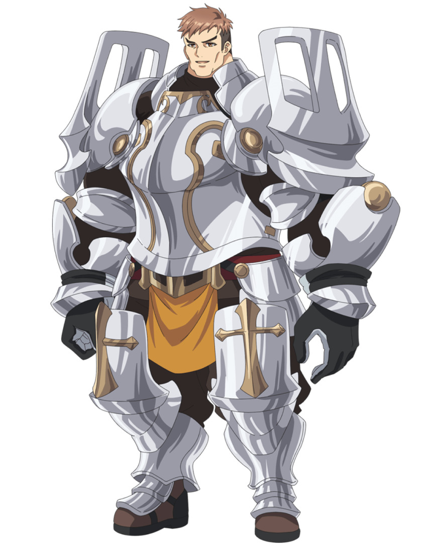 1boy, ansem_smart, armor, armored_boots, black_gloves, black_pants, black_shirt, boots, brown_boots, brown_eyes, brown_hair, clenched_hand, commentary, full_body, gloves, highres, isouchi_yuusuke, knee_boots, looking_at_viewer, nageki_no_bourei_wa_intaishitai, official_art, open_mouth, pants, shirt, short_hair, shoulder_armor, simple_background, smile, solo, standing, transparent_background, vambraces