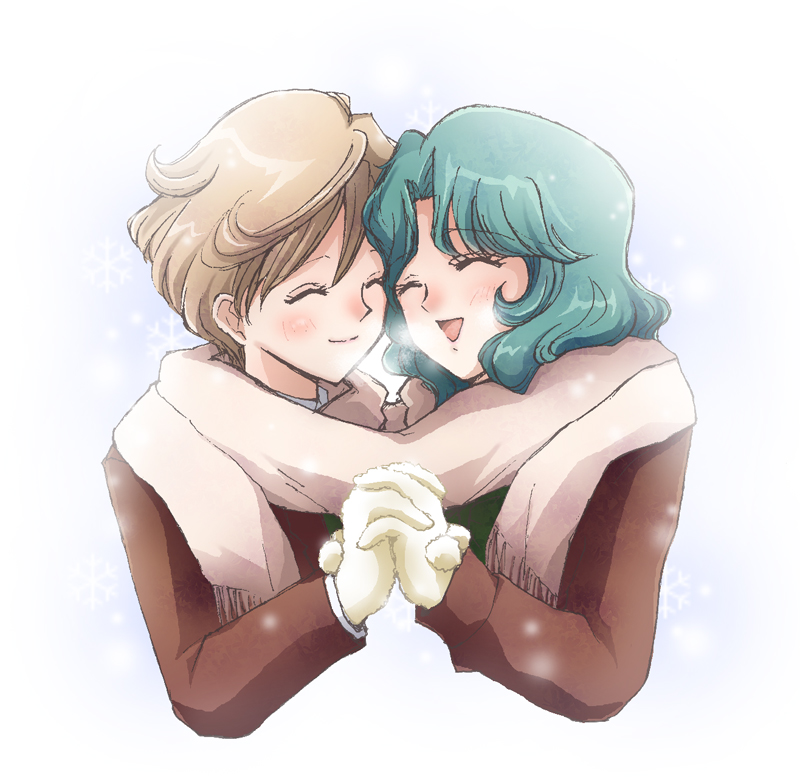 1990s_(style), 2girls, aqua_hair, bishoujo_senshi_sailor_moon, blonde_hair, blush, couple, closed_eyes