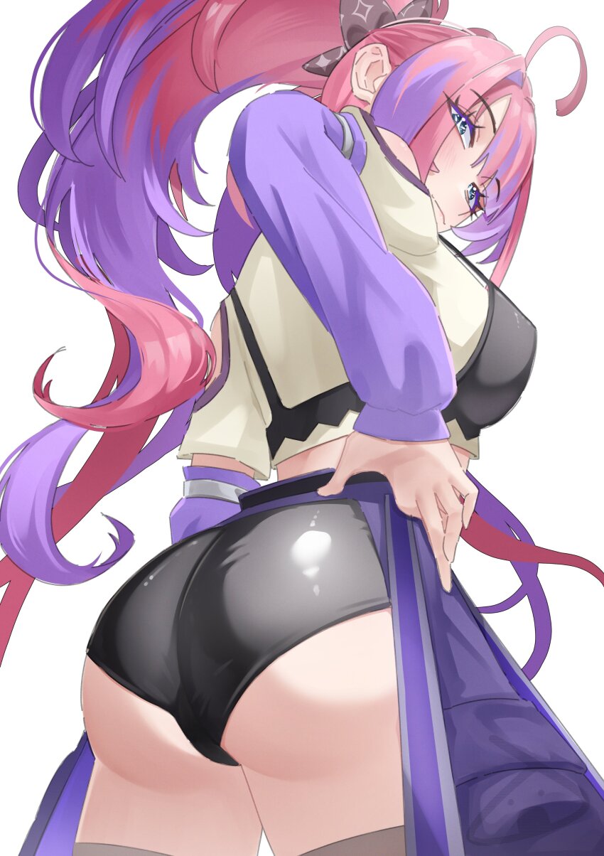 1girl, ahoge, ass, ass_focus, bare_shoulders, blue_eyes, blush, bra