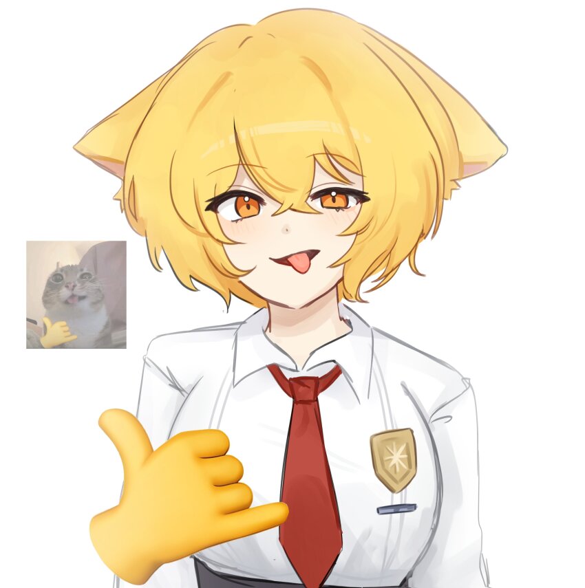 1girl, absurdres, animal_ears, badge, blonde_hair, blush, button_badge, cat