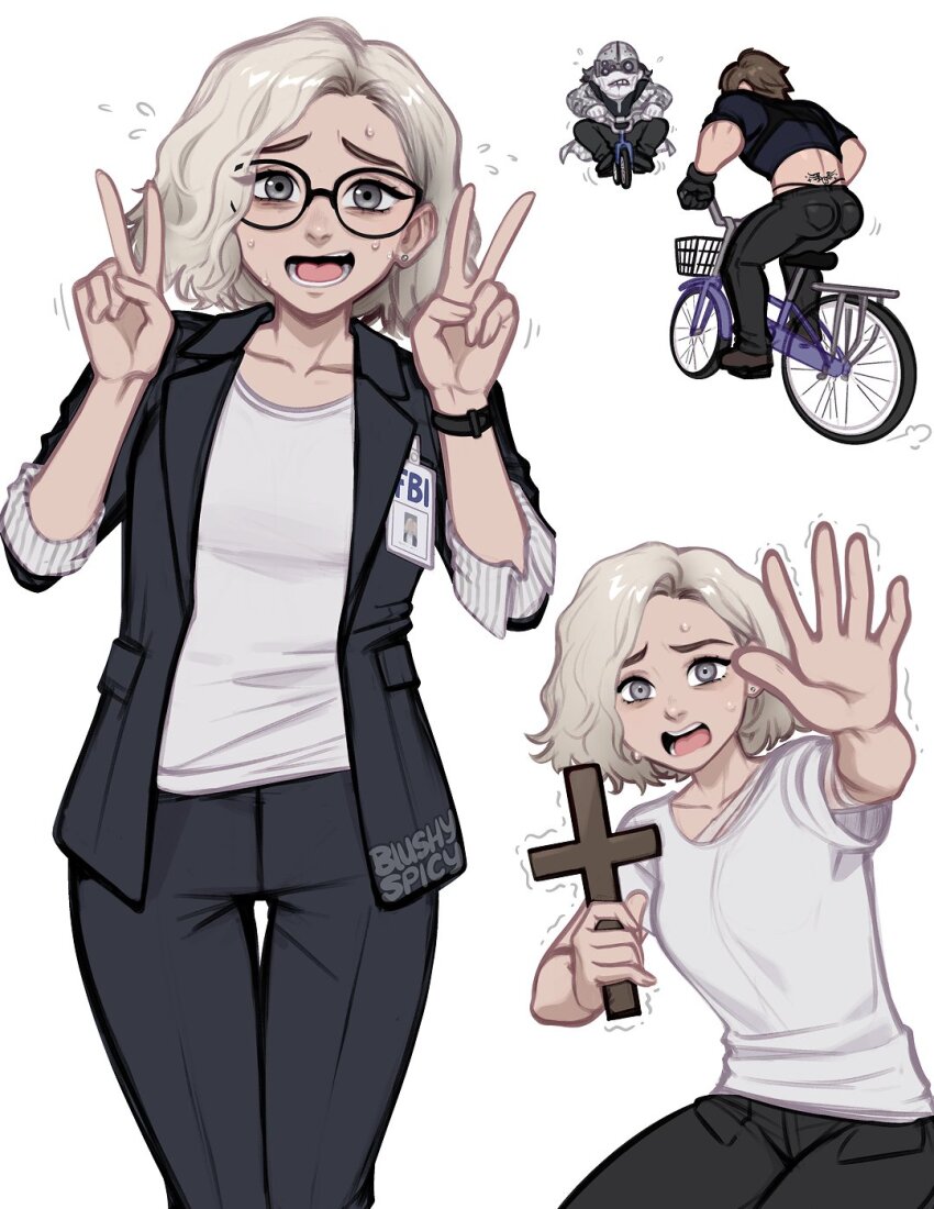 1girl, artist_name, ass, back_tattoo, bicycle, blonde_hair, blushyspicy, breasts