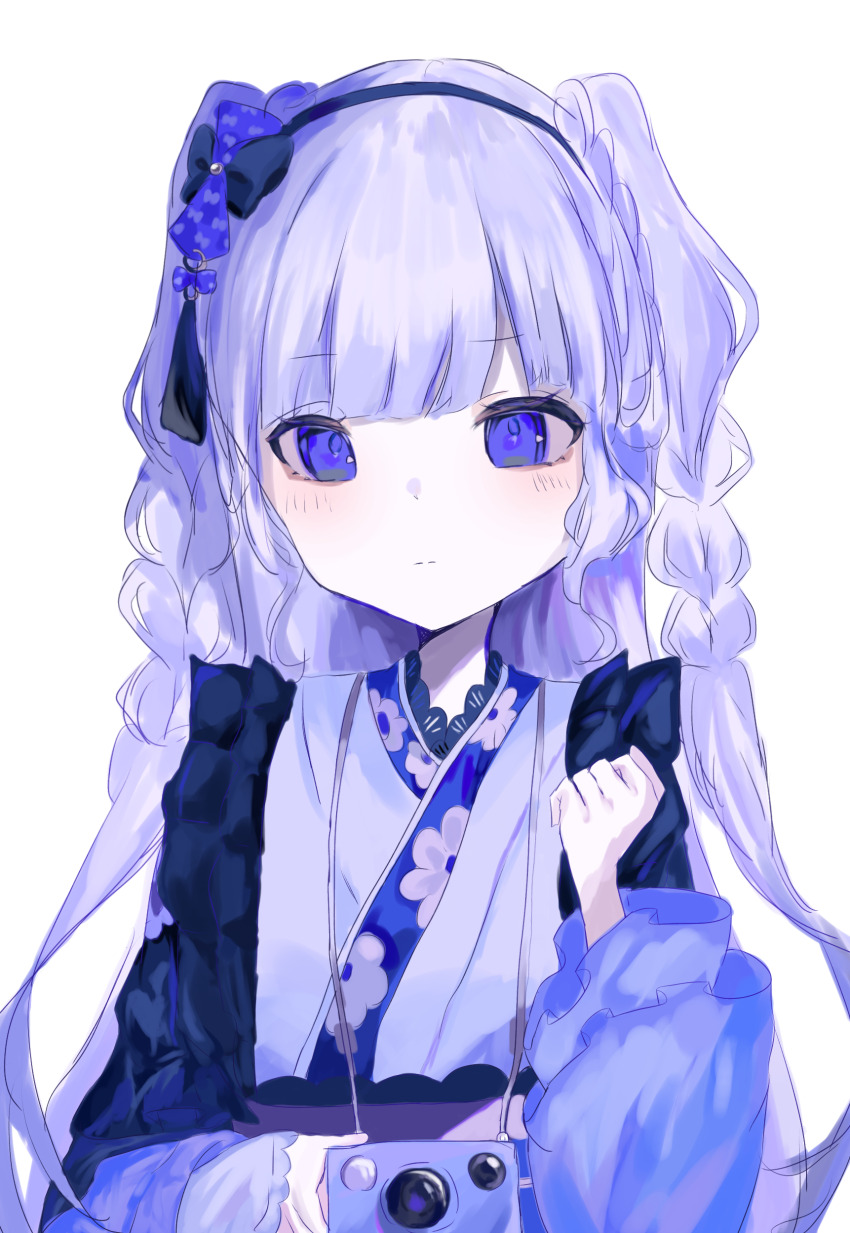 1girl, absurdres, braid, camera, commentary_request, flower, flower_in_eye, gentiana_(flower)