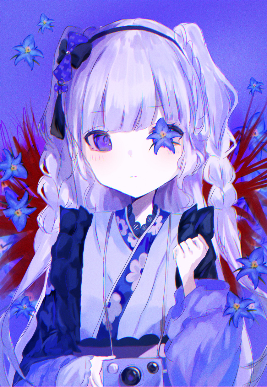 1girl, absurdres, braid, camera, commentary_request, flower, flower_in_eye, gentiana_(flower)