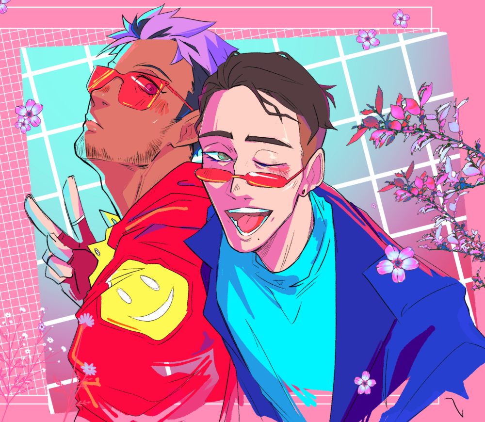 2boys, aquiline_nose, beard_stubble, blush, cheekbones, closed_mouth, dark-skinned_male, dark_skin