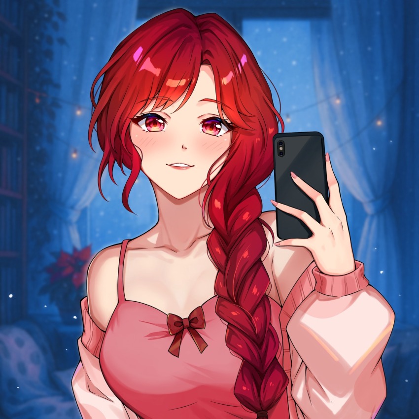 1girl, bare_shoulders, blush, bow, braid, braided_ponytail, camisole, collarbone