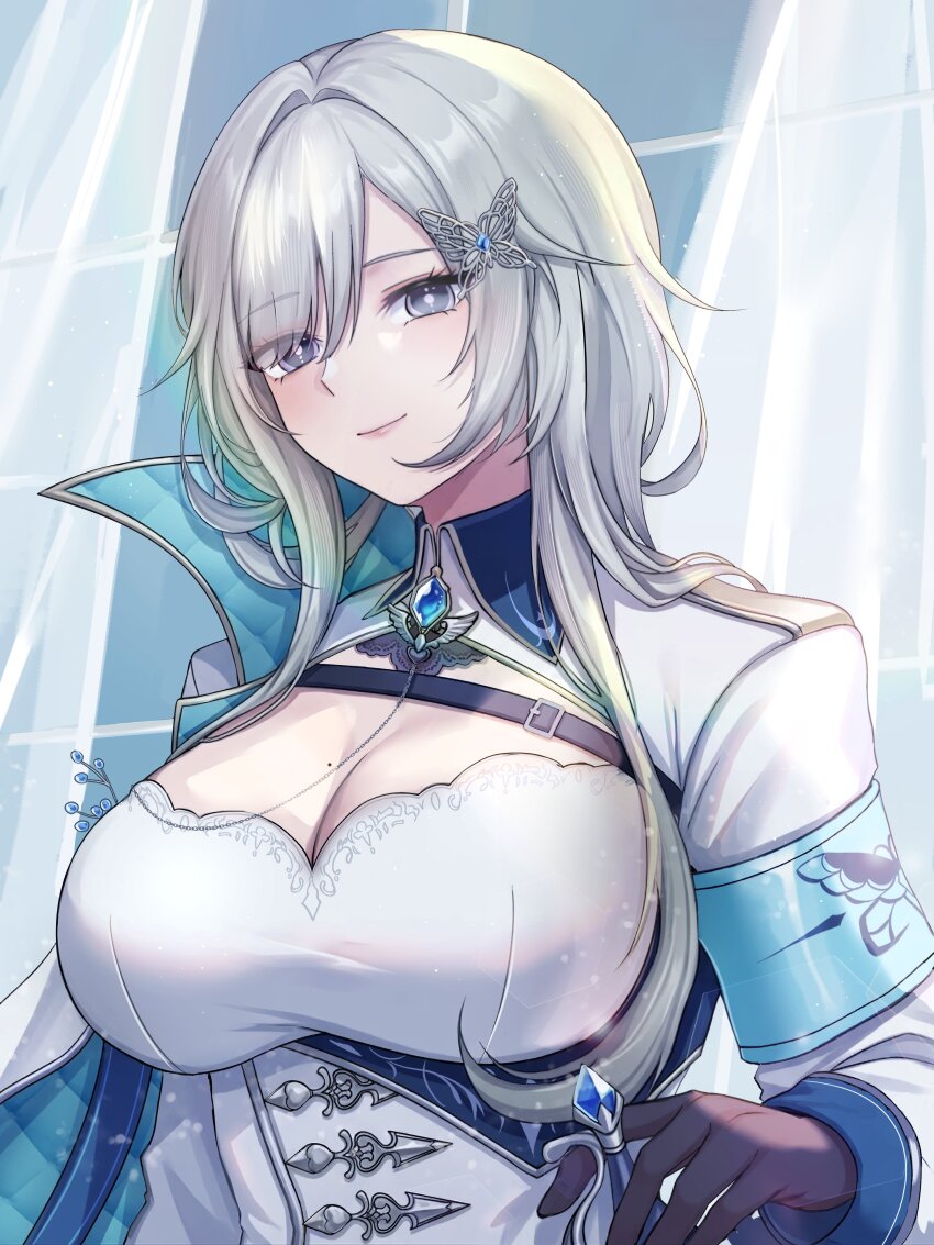 1girl, absurdres, armband, black_gloves, blue_armband, breasts, butterfly_hair_ornament, cleavage