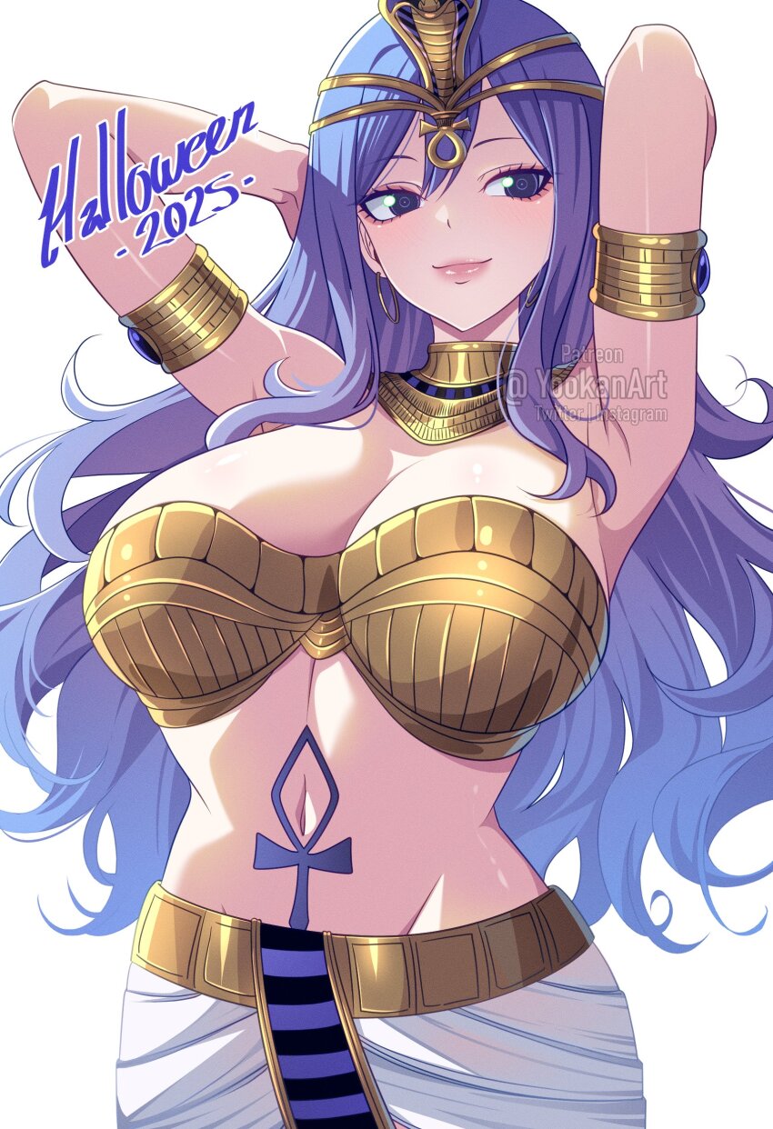 1girl, absurdres, ancient_egyptian_clothes, ankh, ankh_tattoo, armlet, armpits, arms_behind_head