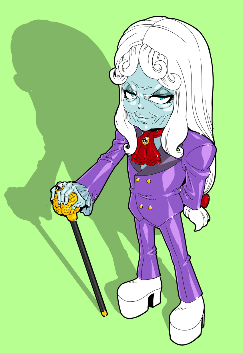 1boy, arm_behind_back, ascot, blue_eyes, blue_skin, buttons, cane, colored_skin, commentary, curly_hair, english_commentary, evil_grin, evil_smile, formal_clothes, full_body, gem, gold_buttons, green_background, grin, hair_ornament, hand_on_cane, highres, jacket, jewelry, long_hair, long_sleeves, looking_at_viewer, lupin_iii, lupin_vs_the_clone, mad_project, male_focus, mamo_(lupin_iii), ornate_ring, pants, purple_jacket, purple_pants, purple_suit, red_ascot, ring, shadow, shoes, sidelocks, simple_background, smile, solo, standing, suit, white_hair, white_shoes