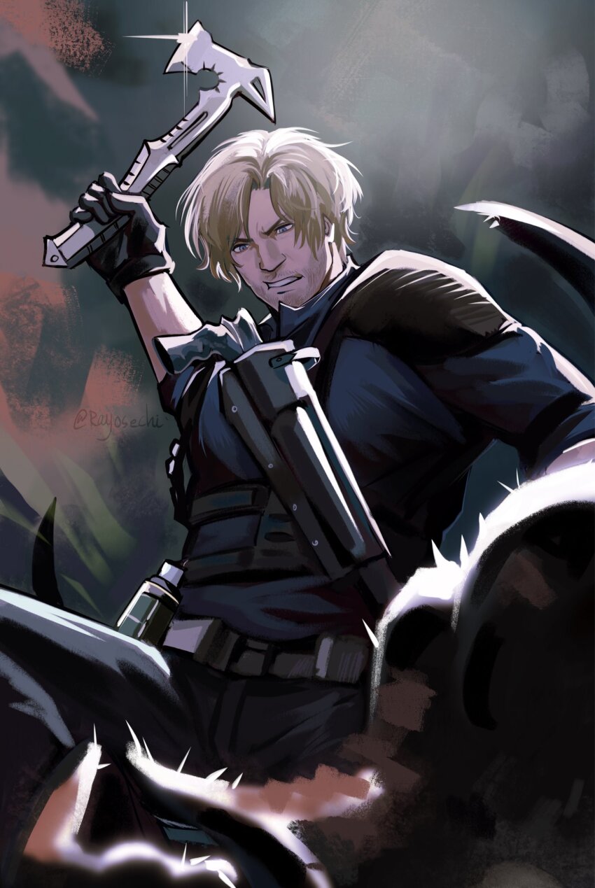axe, belt, black_gloves, blonde_hair, blue_eyes, blue_shirt, chest_holster, clenched_teeth