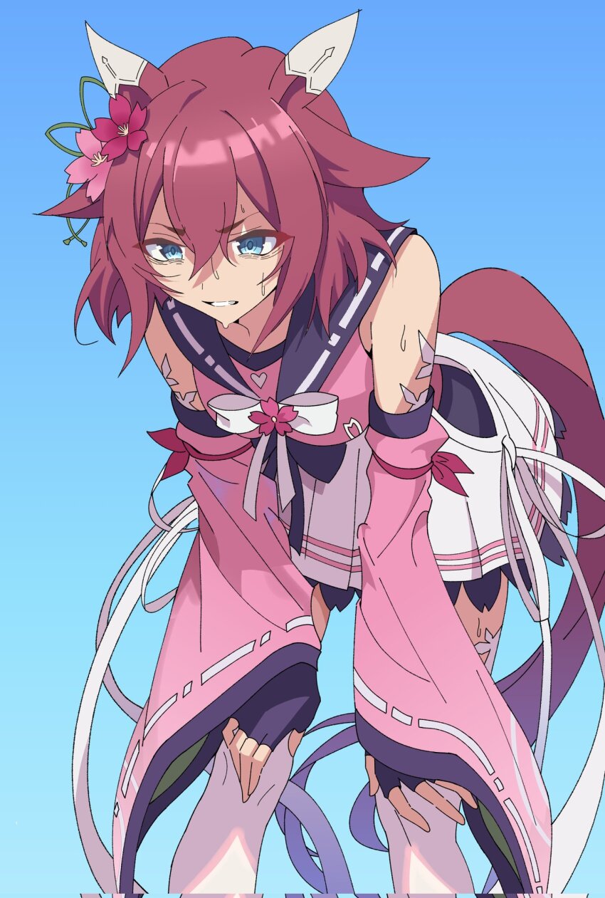 1girl, a0ja9k, animal_ears, blue_eyes, breasts, brown_hair, commentary, detached_sleeves, ear_covers, fingerless_gloves, flower, gloves, hair_between_eyes, hair_flaps, hair_flower, hair_ornament, hands_on_own_knees, highres, horse_ears, horse_girl, horse_tail, japanese_clothes, kimono, medium_breasts, medium_hair, parted_lips, pink_hair, pink_kimono, pink_sleeves, sakura_chiyono_o_(strength_in_full_bloom)_(umamusume), sakura_chiyono_o_(umamusume), skirt, sleeveless, sleeveless_kimono, solo, sweat, tail, thighhighs, umamusume, untranslatable_commentary, white_skirt, white_thighhighs