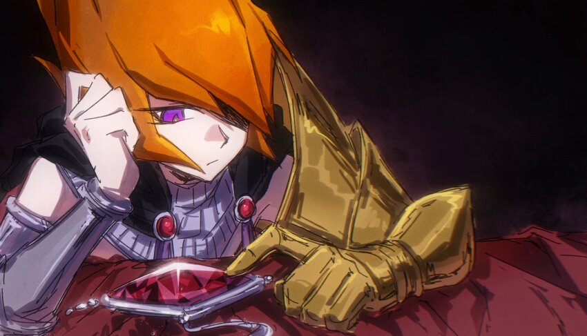 1boy, arm_armor, arm_rest, armor, bare_shoulders, black_background, black_cape, bored