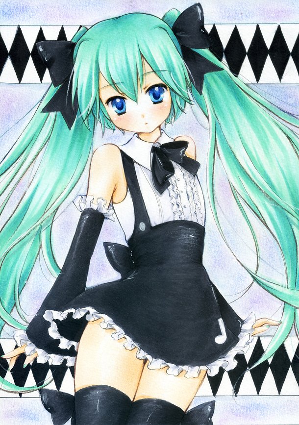 1girl, aqua_hair, bare_shoulders, blue_eyes, bow, bowtie, female_focus, hair_bow, hatsune_miku, hatsune_miku_(gothic_module), long_hair, marker_(medium), my_(mylilla811), project_diva, project_diva_(series), skirt, solo, thighhighs, traditional_media, twintails, very_long_hair, vocaloid
