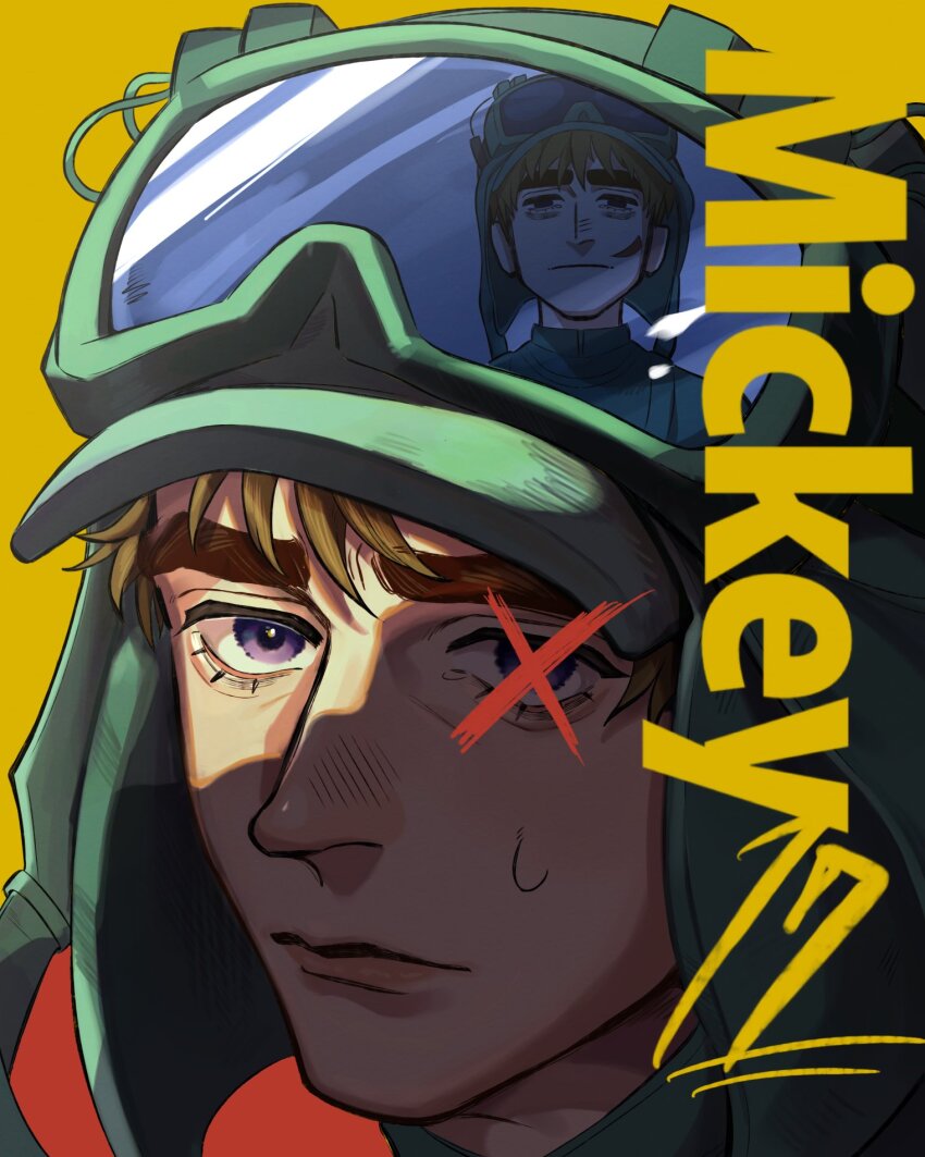 2boys, brown_hair, character_name, clone, closed_mouth, commentary, copyright_name, goggles