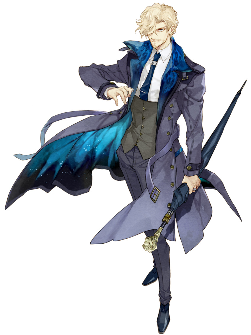 1boy, ai_(1714), beard, black_necktie, black_pants, black_shoes, blonde_hair, blue_eyes