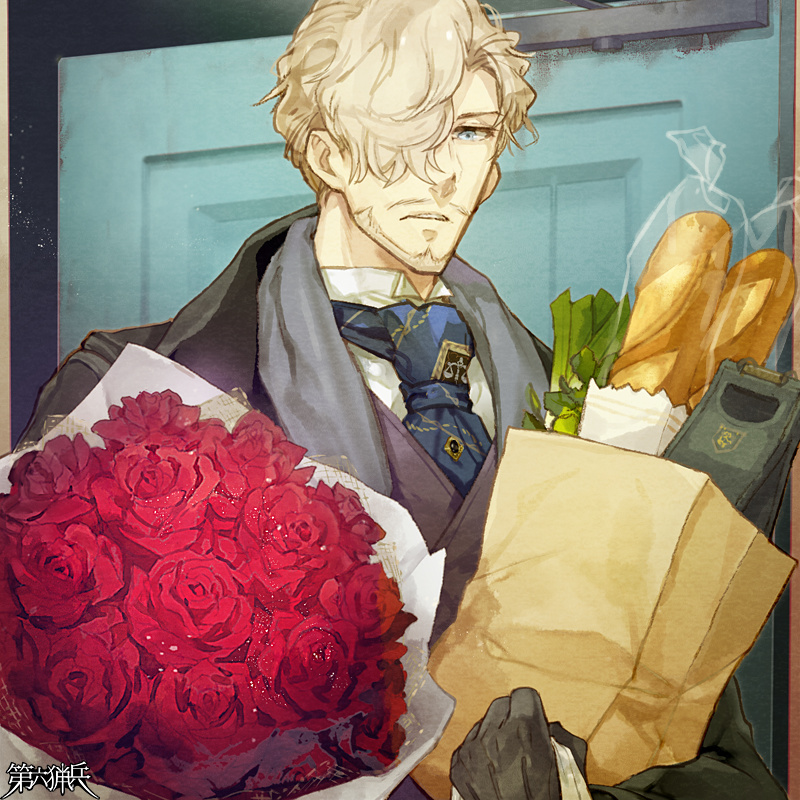 1boy, ai_(1714), ascot, bag, baguette, beard, black_gloves, blonde_hair, blue_eyes, bouquet, bread, copyright_name, dairoku_ryouhei, facial_hair, flower, food, gloves, grocery_bag, hair_over_one_eye, holding, jakes_liar, male_focus, mustache, red_flower, shopping_bag, solo