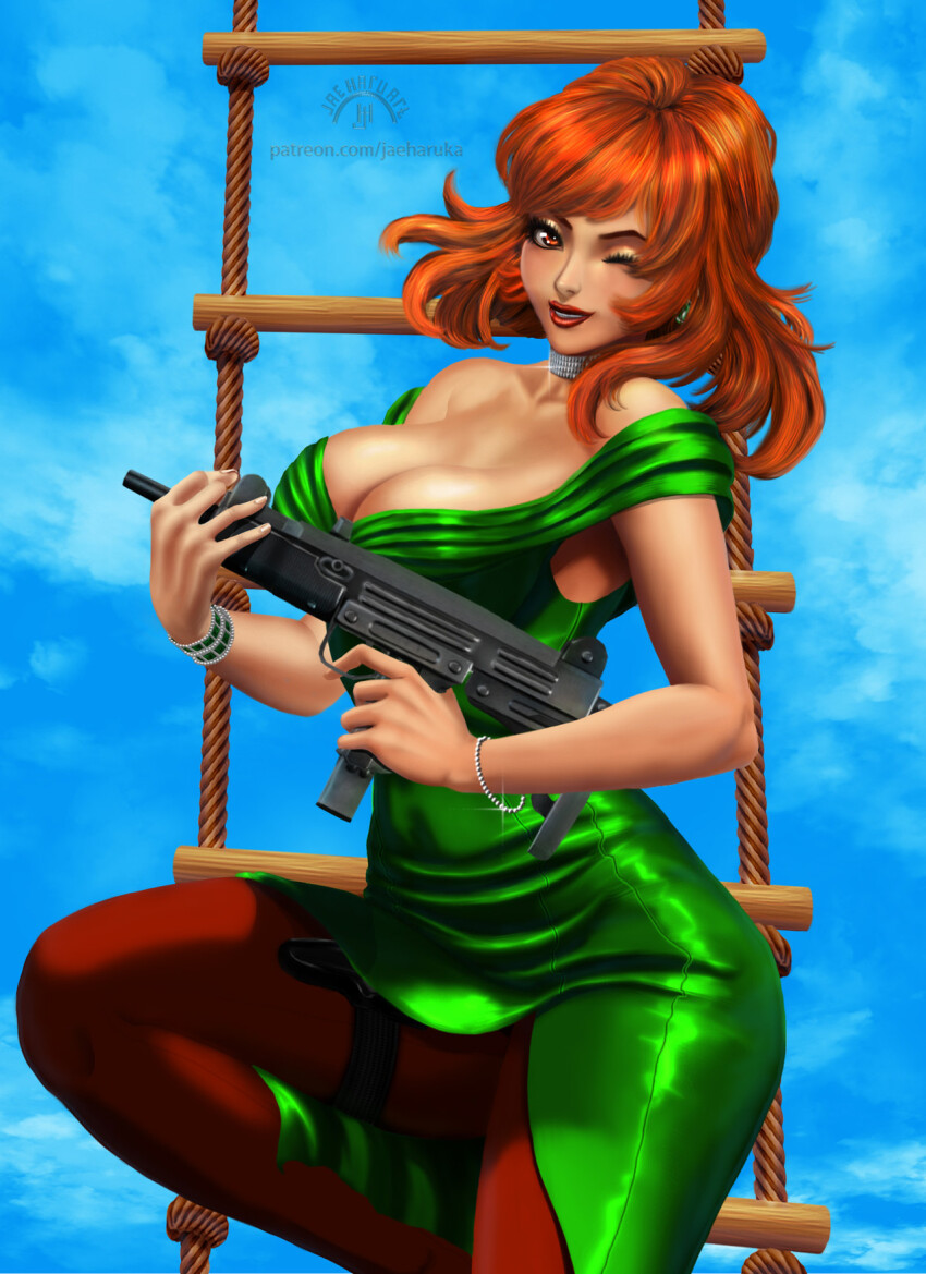 1girl, artist_name, bare_shoulders, bracelet, breasts, choker, cloud, cloudy_sky