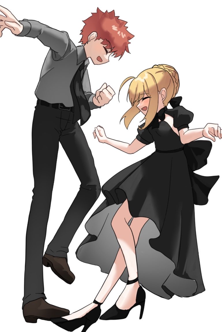 1boy, 1girl, artoria_pendragon_(fate), black_dress, black_necktie, black_pants, blonde_hair, collared_shirt