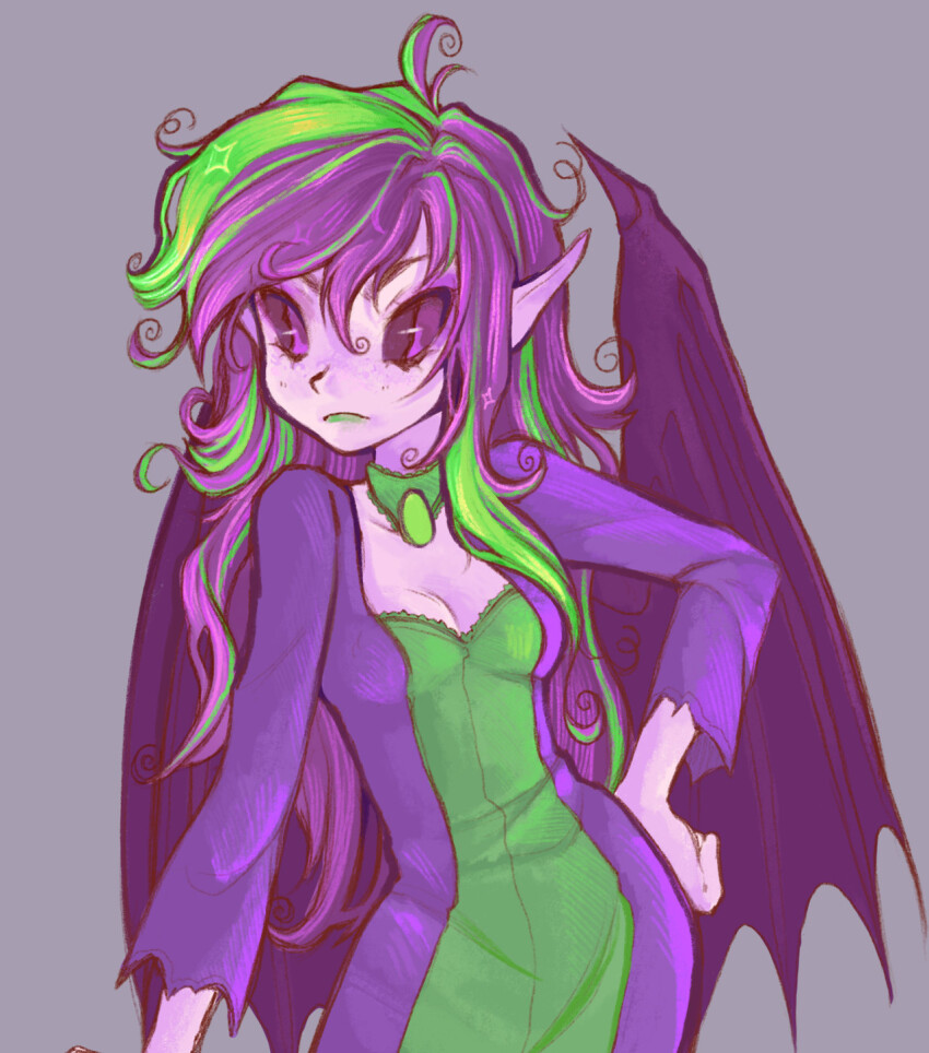 1girl, animification, antenna_hair, bat_wings, breasts, choker, cleavage, colored_skin