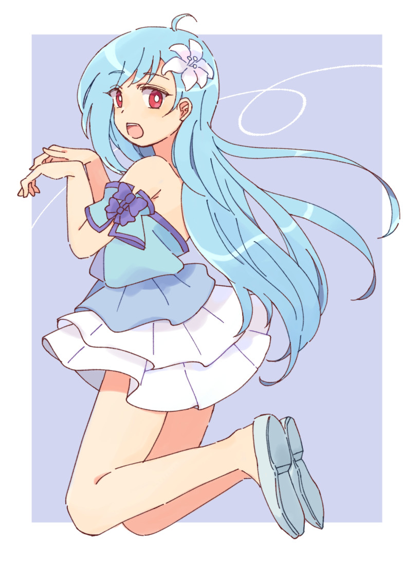 1girl, ahoge, benya_(tales_weaver), blue_hair, blue_shirt, bright_pupils, commentary_request, flower