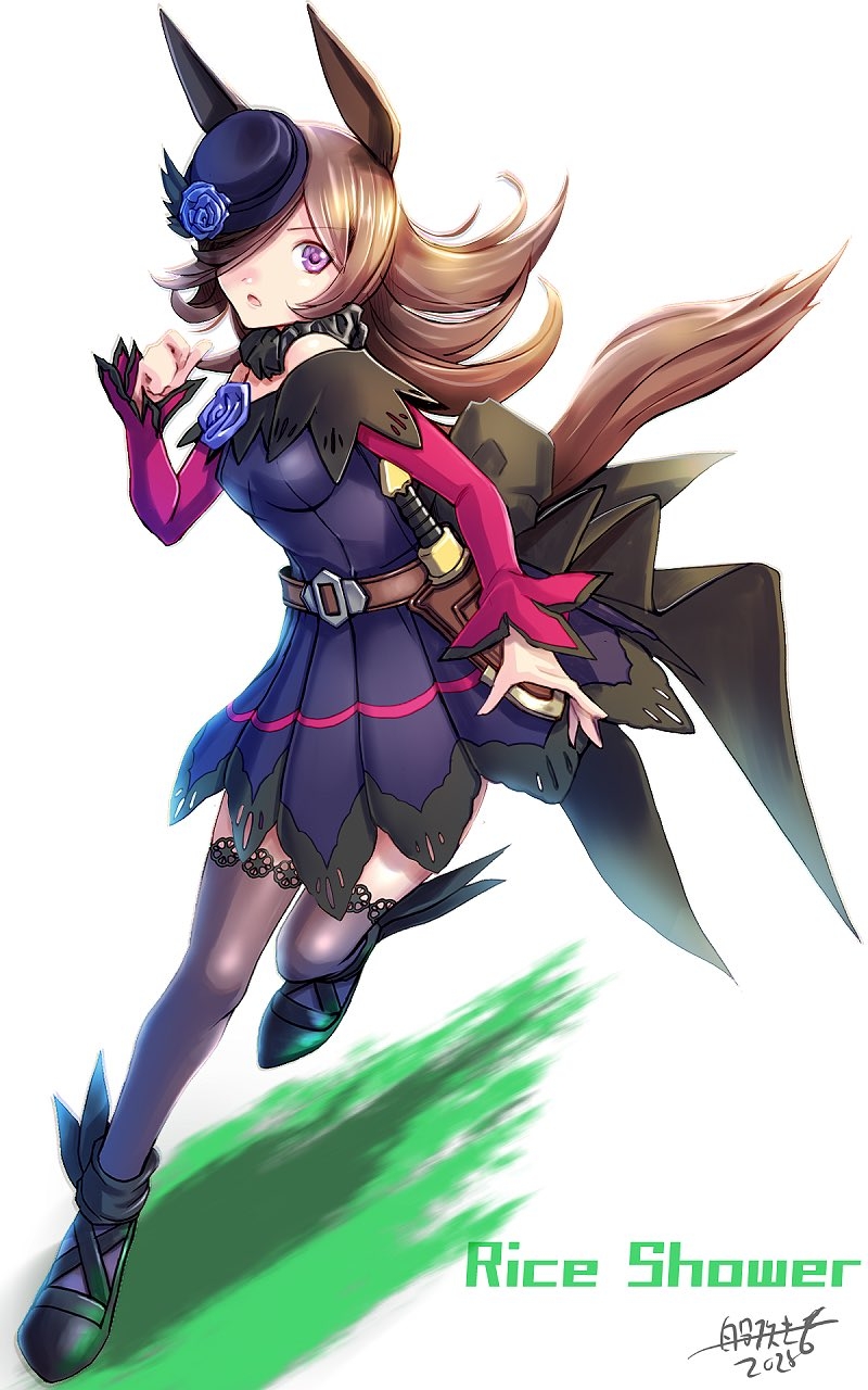 1girl, animal_ears, bare_shoulders, black_thighhighs, blue_dress, blue_flower, blue_hat, blue_rose