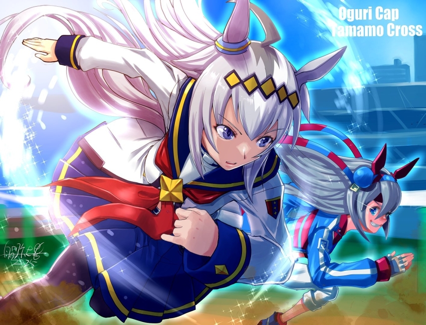 2girls, ahoge, animal_ears, black_pantyhose, blue_eyes, blue_hairband, blue_jacket, blue_sailor_collar