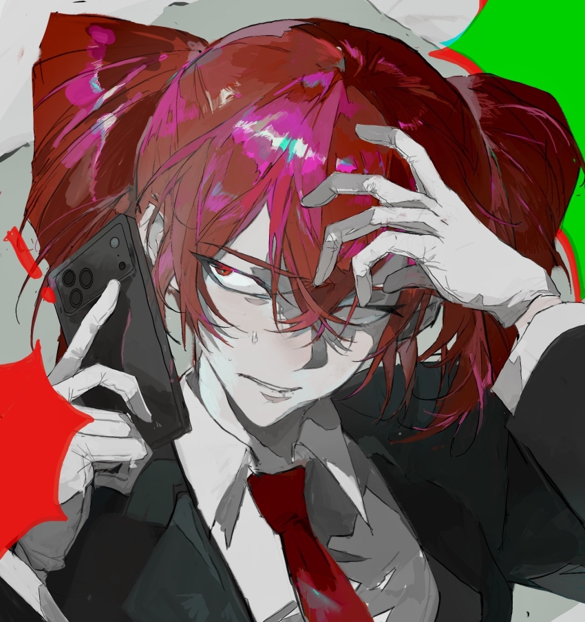 !, 1girl, black_jacket, cellphone, collared_shirt, double-parted_bangs, drill_hair, gloves