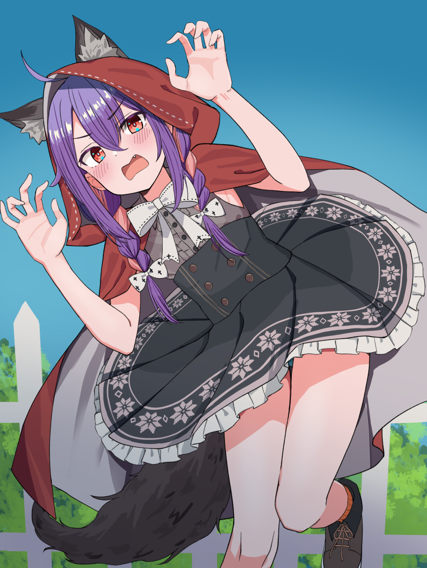 1girl, absurdres, ahoge, animal_ear_fluff, animal_ears, aqua_panties, black_dress, black_shoes