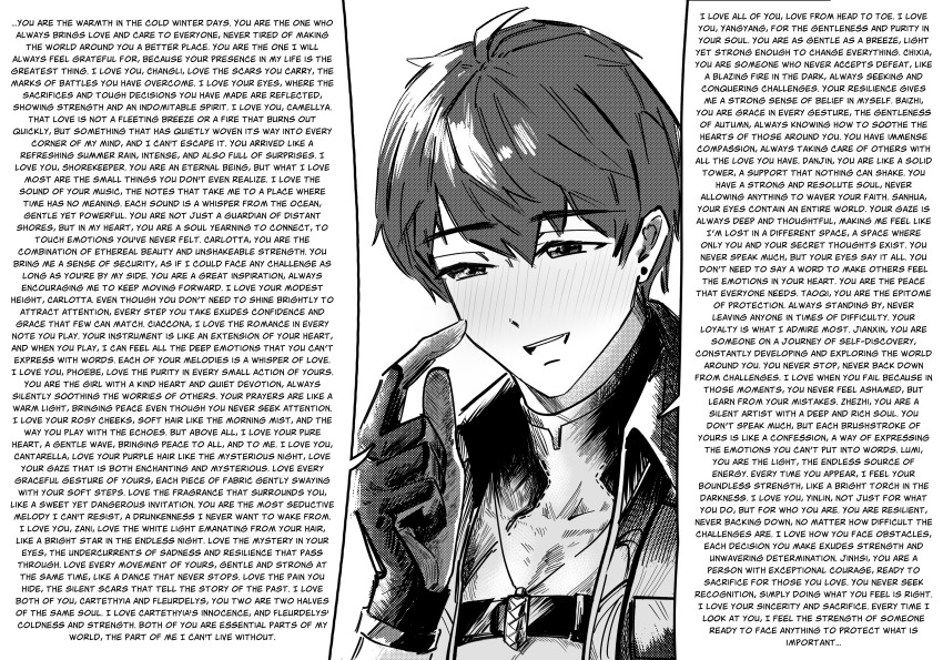 1boy, absurdres, blush, commentary, english_commentary, gloves, greyscale, hand_up