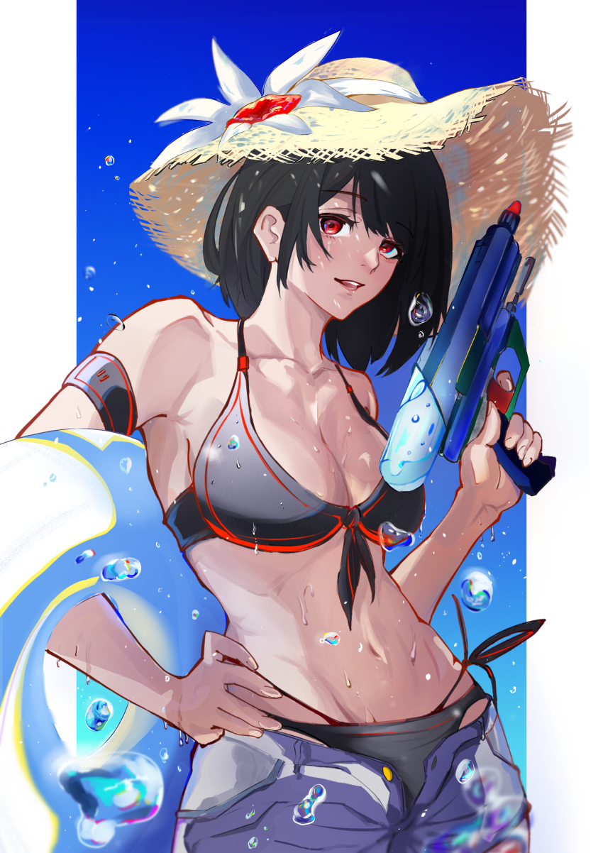 1girl, absurdres, bare_shoulders, bikini, bikini_bottom_under_shorts, bikini_under_clothes, black_bikini, black_hair, blue_sky, breasts, cleavage, collarbone, commentary, cowboy_shot, day, english_commentary, fingernails, front-tie_bikini_top, front-tie_top, hand_on_own_hip, hat, highres, holding, holding_water_gun, innertube, li9999, looking_at_viewer, medium_breasts, medium_hair, navel, open_fly, original, parted_lips, red_eyes, shorts, sky, solo, stomach, straw_hat, swim_ring, swimsuit, water_gun