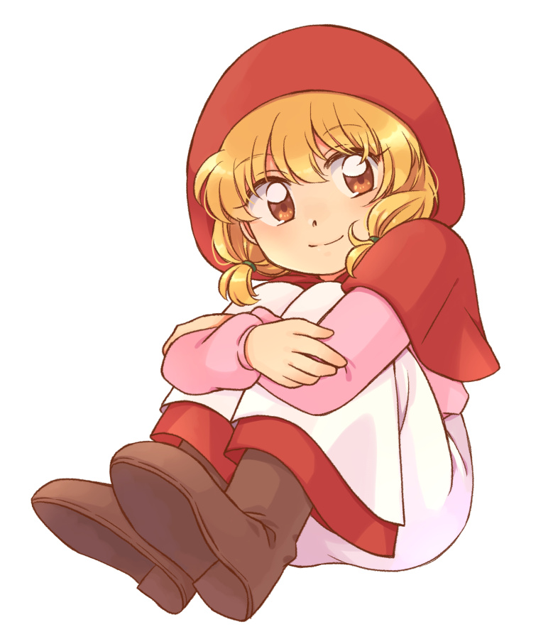 1girl, akazukin_chacha, blonde_hair, brown_eyes, chacha_(akazukin_chacha), closed_mouth, commentary_request, eyelashes, full_body, hugging_own_legs, long_sleeves, looking_at_viewer, mitose_(pbbs), pink_shirt, red_hood, shirt, short_hair, simple_background, solo, white_background