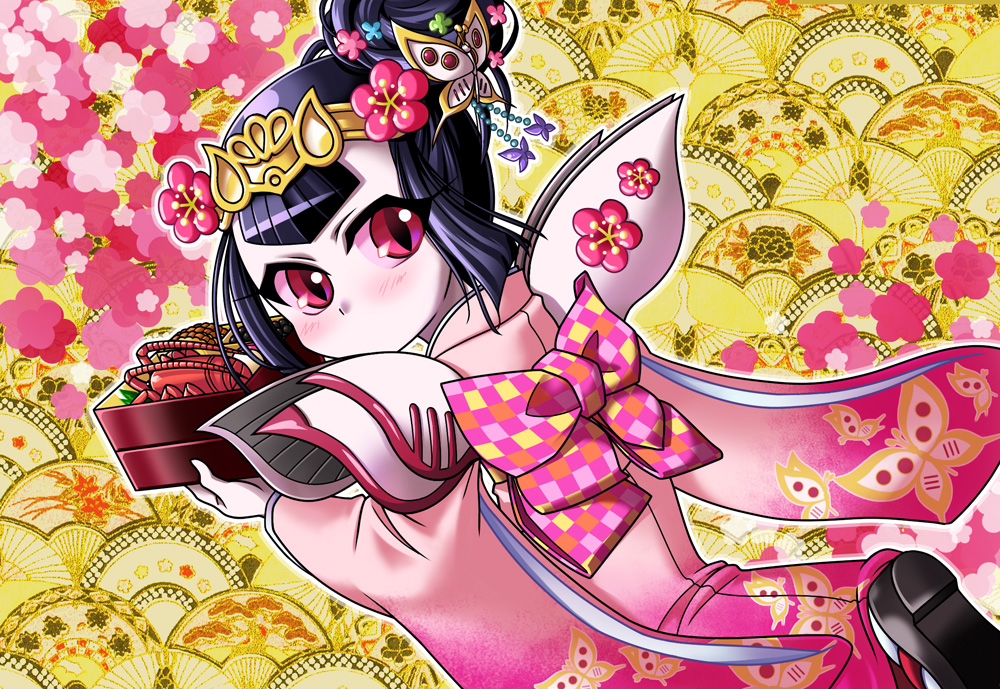 10s, 1girl, alternate_hairstyle, black_hair, blush, butterfly_hair_ornament, carrying, chousen_qubeley