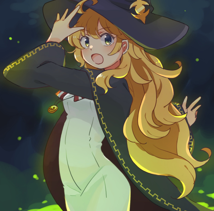 1girl, ahoge, blonde_hair, commentary_request, dress, green_eyes, hat, jewelry