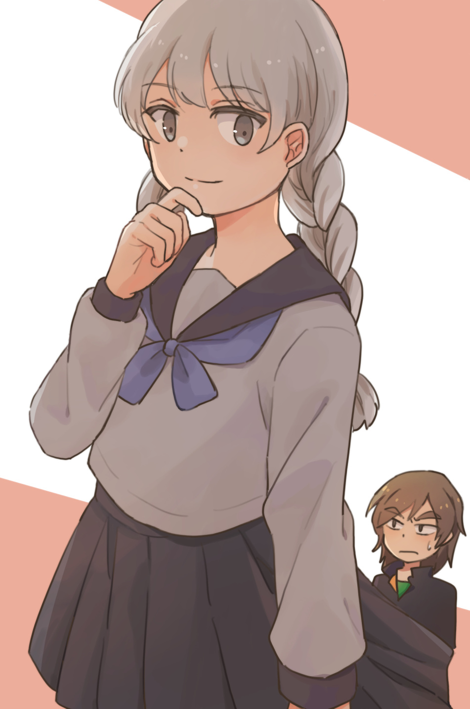 2boys, black_skirt, braid, commentary_request, cowboy_shot, crossdressing, crossdressing_(mtf), grey_eyes