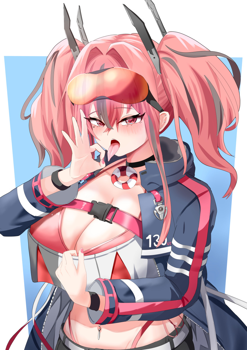 1girl, :p, absurdres, azur_lane, belt, bikini, black_hair, black_shorts, blue_jacket, blush, bra, breasts, bremerton_(azur_lane), cleavage, commentary_request, crop_top, ear_piercing, eyewear_on_head, fellatio_gesture, hair_between_eyes, hands_up, headgear, heart, heart_in_eye, highres, innertube, jacket, kawakazeman, large_breasts, long_hair, medium_hair, mole, mole_under_eye, multicolored_hair, nail_polish, navel, navel_piercing, open_clothes, open_jacket, open_mouth, panties, piercing, pink_hair, pink_nails, pulling_own_clothes, red_bikini, red_bra, red_eyes, red_hair, red_panties, shorts, side-tie_bikini_bottom, side-tie_panties, solo, streaked_hair, sunglasses, swim_ring, swimsuit, symbol_in_eye, tongue, tongue_out, twintails, two-tone_hair, underwear, wristband