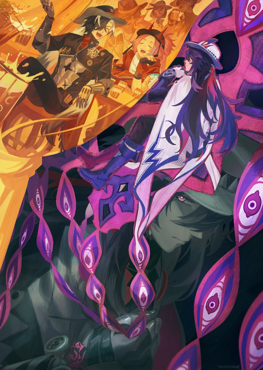 2girls, 4boys, absurdres, ashveil_(honkai:_star_rail), badge, baseball_cap, black_hair, boothill_(honkai:_star_rail), boots, bracelet, bright_pupils, commentary, cowboy_hat, cropped_jacket, cutoffs, cyborg, drink, earrings, english_commentary, extra_eyes, fake_horns, fedora, galaxy_rangers_(honkai:_star_rail), gloves, hat, highres, honkai:_star_rail, honkai_(series), horns, jewelry, long_hair, looking_at_another, multiple_boys, multiple_girls, pants, pink_hair, prosthesis, prosthetic_arm, rappa_(honkai:_star_rail), single_earring, sitting, two-tone_background, white_hair, yaoyaobae