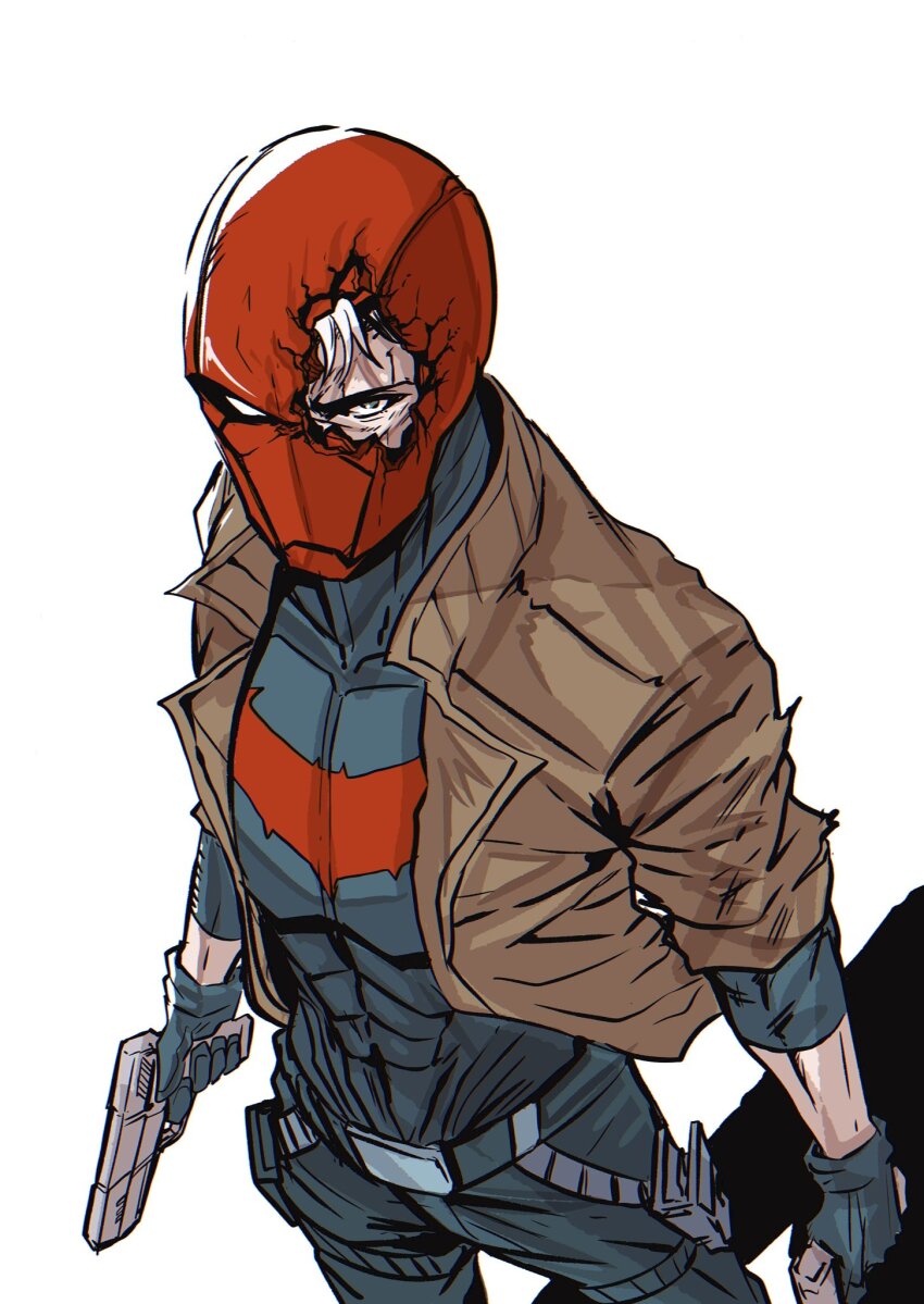 1boy, batman_(series), batman_symbol, belt, black_gloves, black_hair, blue_eyes, bodysuit